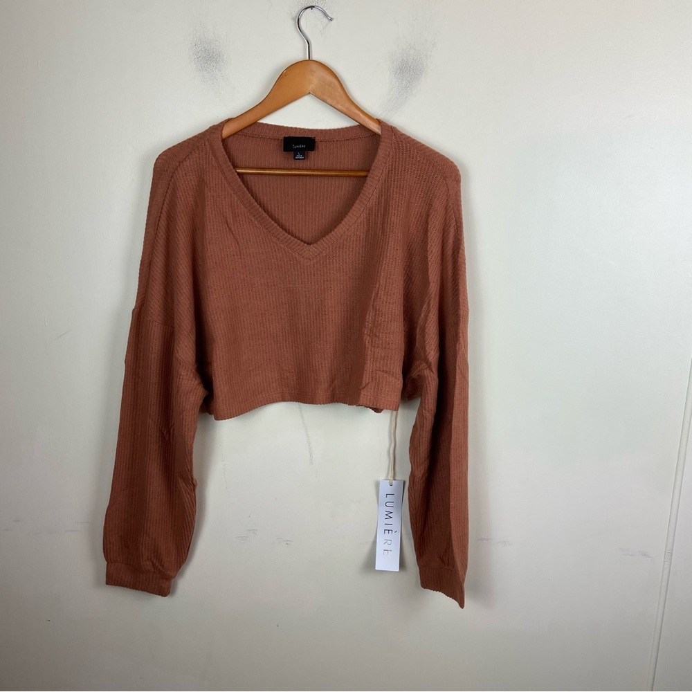 Lumiere Rust Burnt Orange Cropped Slouchy Oversized Ribbed Thermal‎ Large NWT